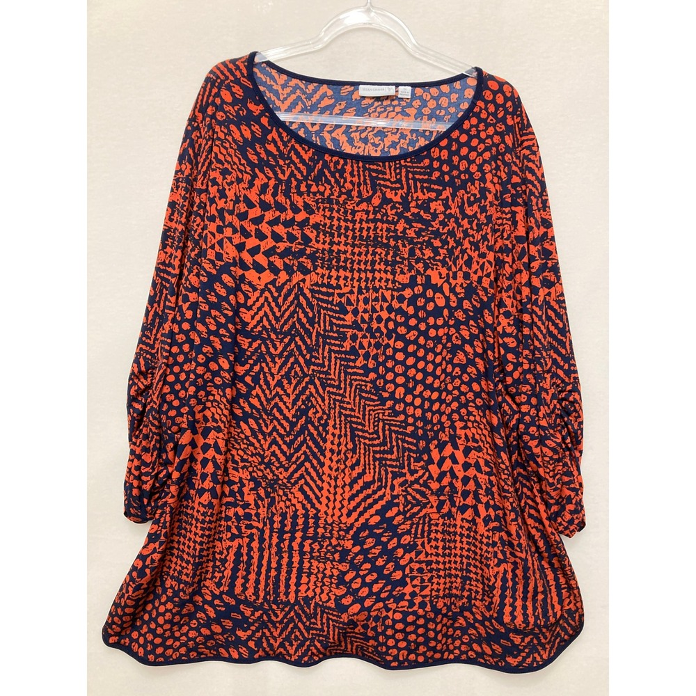 Susan Graver Tunic size 3X Orange Navy Blue Liquid Knit Abstract Ruched Sleeve